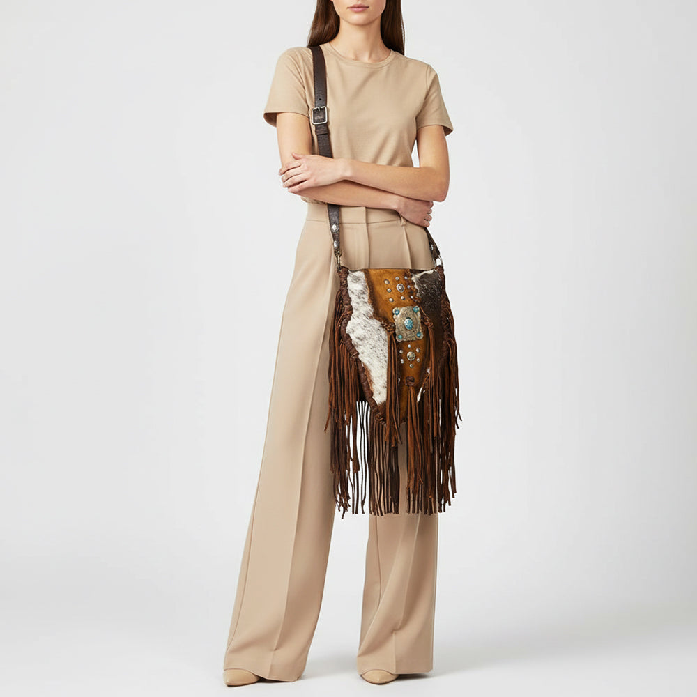 ADBGM477 Cowhide & Leather Western Fringe Messenger Bag - Western Concho Bag with Turquoise Accent