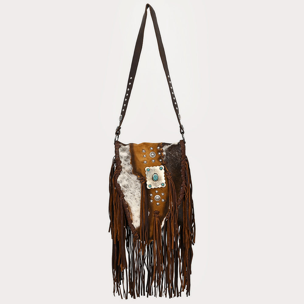 ADBGM477 Cowhide & Leather Western Fringe Messenger Bag - Western Concho Bag with Turquoise Accent