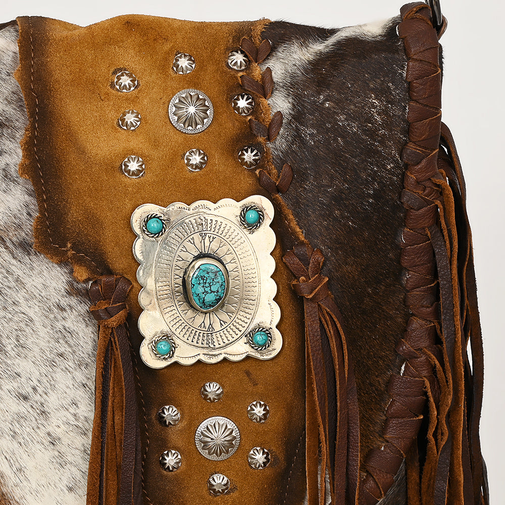 ADBGM477 Cowhide & Leather Western Fringe Messenger Bag - Western Concho Bag with Turquoise Accent
