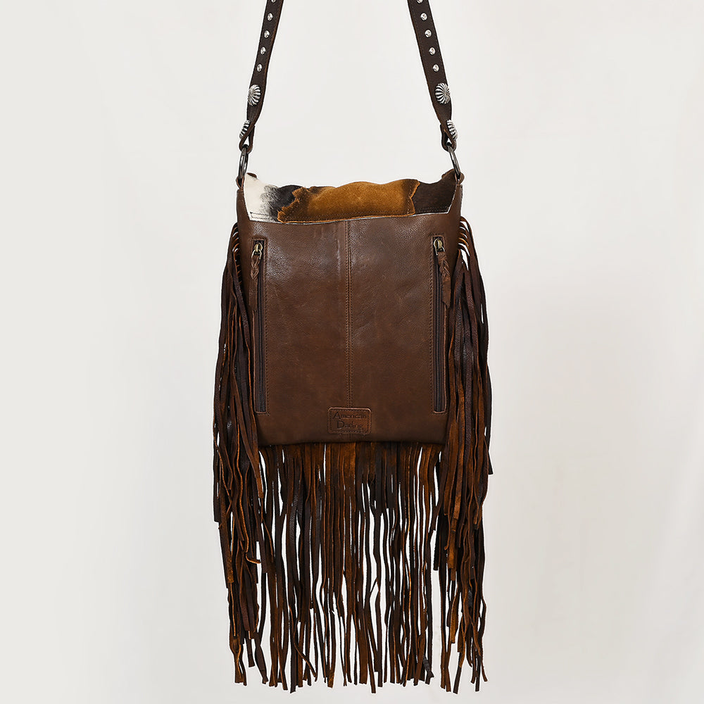 ADBGM477 Cowhide & Leather Western Fringe Messenger Bag - Western Concho Bag with Turquoise Accent