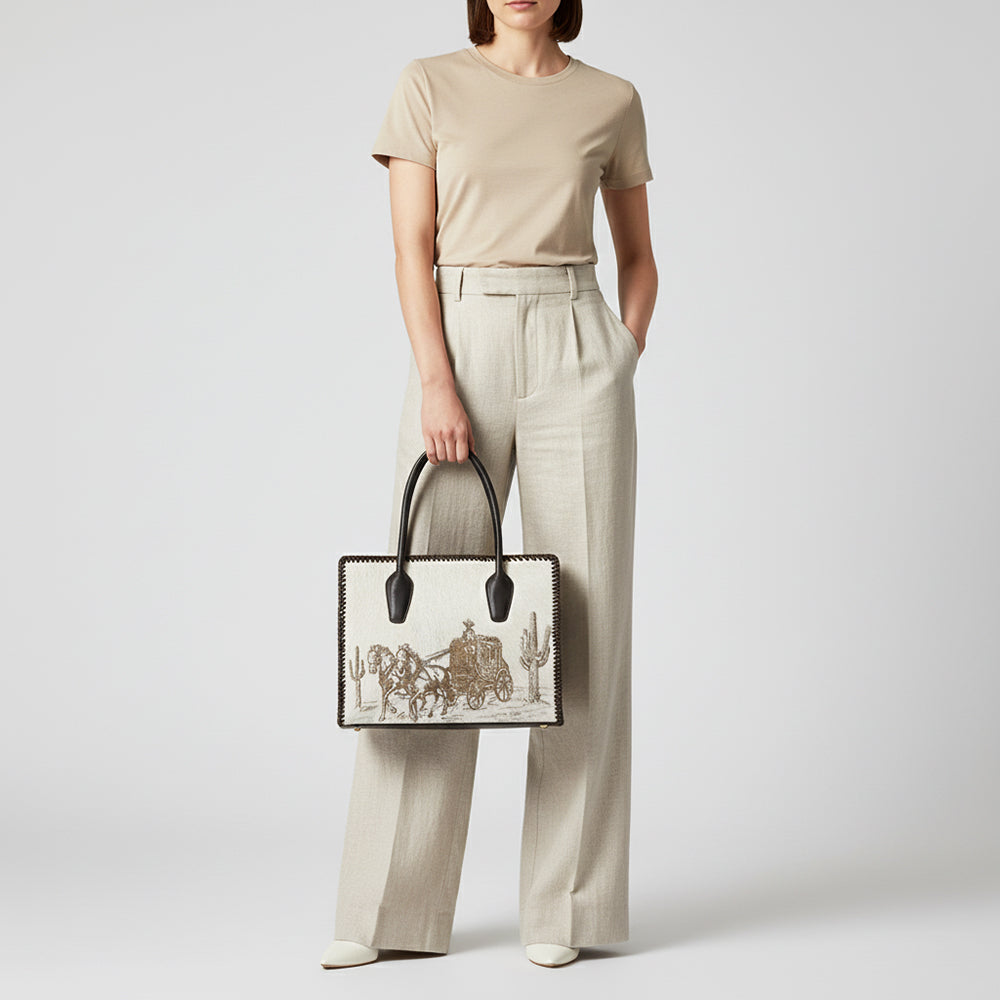 ADBGM512 Western Cowhide Leather Tote with Stagecoach Design -Handcrafted Rodeo Purse