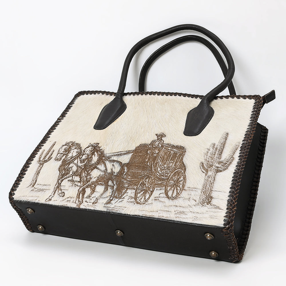 ADBGM512 Western Cowhide Leather Tote with Stagecoach Design -Handcrafted Rodeo Purse