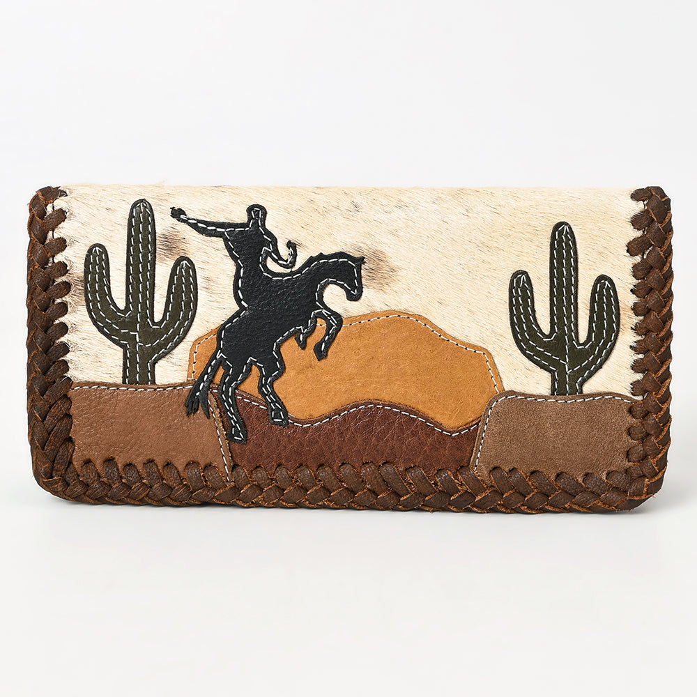 ADBGM513 Western Cowhide Leather Wallet with Cowboy Applique - Handcrafted Rodeo Clutch