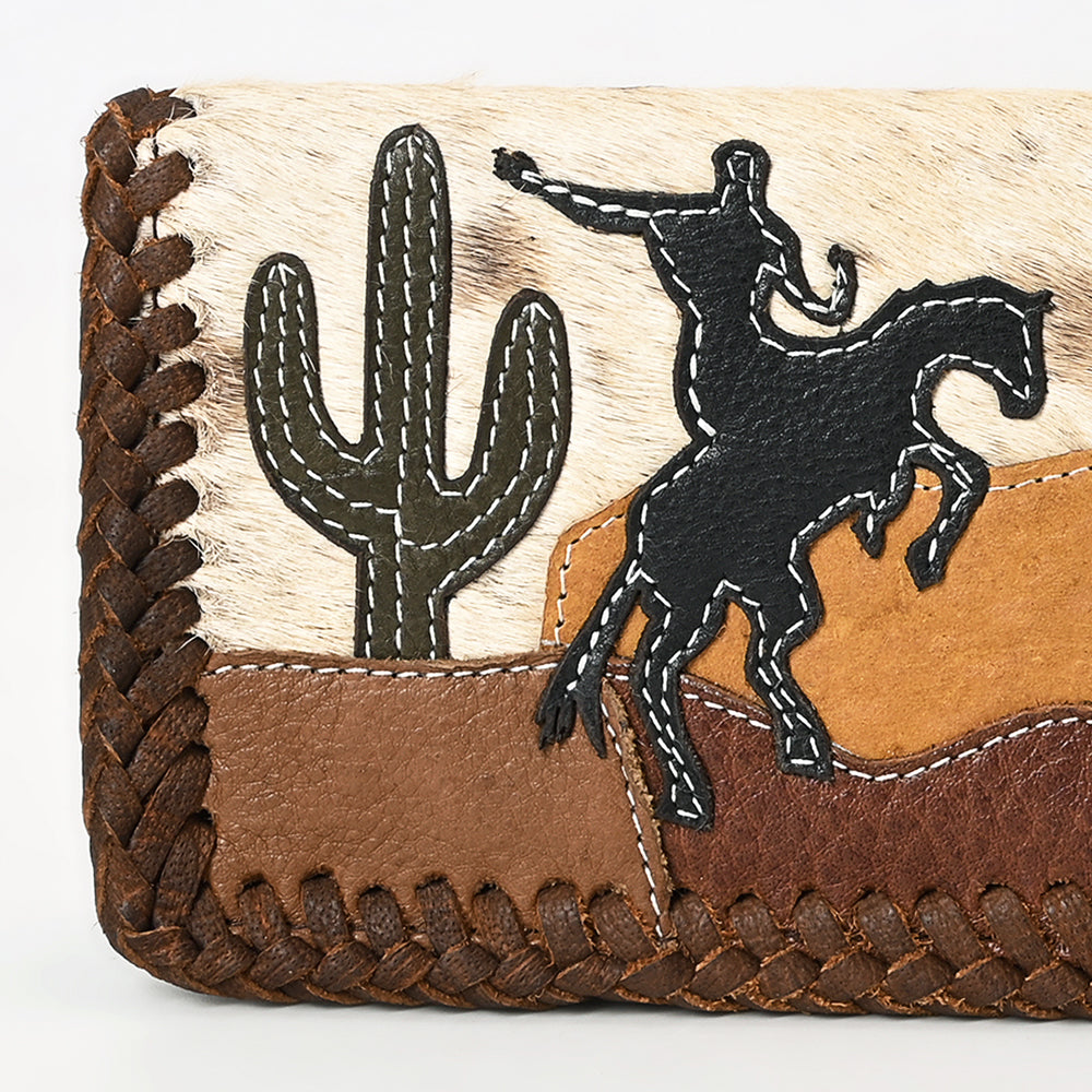 ADBGM513 Western Cowhide Leather Wallet with Cowboy Applique - Handcrafted Rodeo Clutch