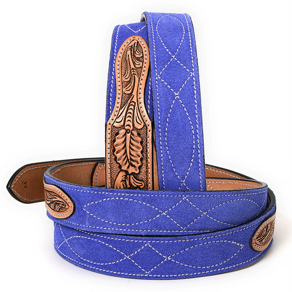 ADBLF329 Hand Tooled Tan Leather Western Belt - Blue Genuine suede Back & Antique Buckle