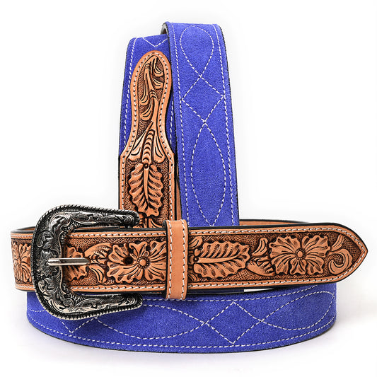 ADBLF329 Hand Tooled Tan Leather Western Belt - Blue Genuine suede Back & Antique Buckle