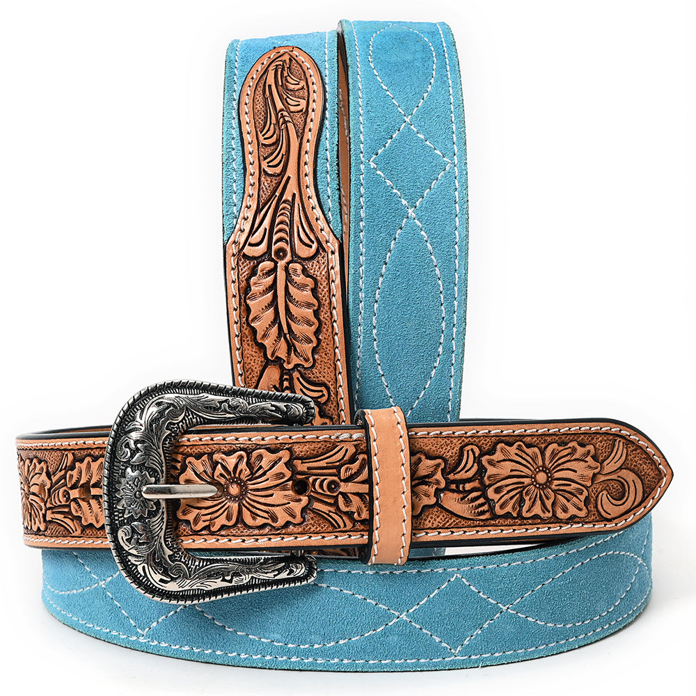 ADBLF331 Turquoise Genuine suede Western Belt - Hand-Tooled Leather Inlay with Engraved Buckle
