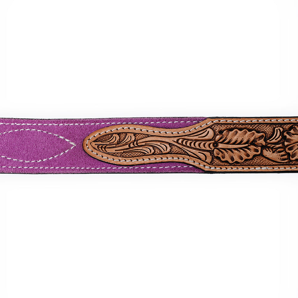ADBLF332 Pink Genuine suede Western Belt - Tooled Floral Leather Inlay & Silver Engraved Buckle