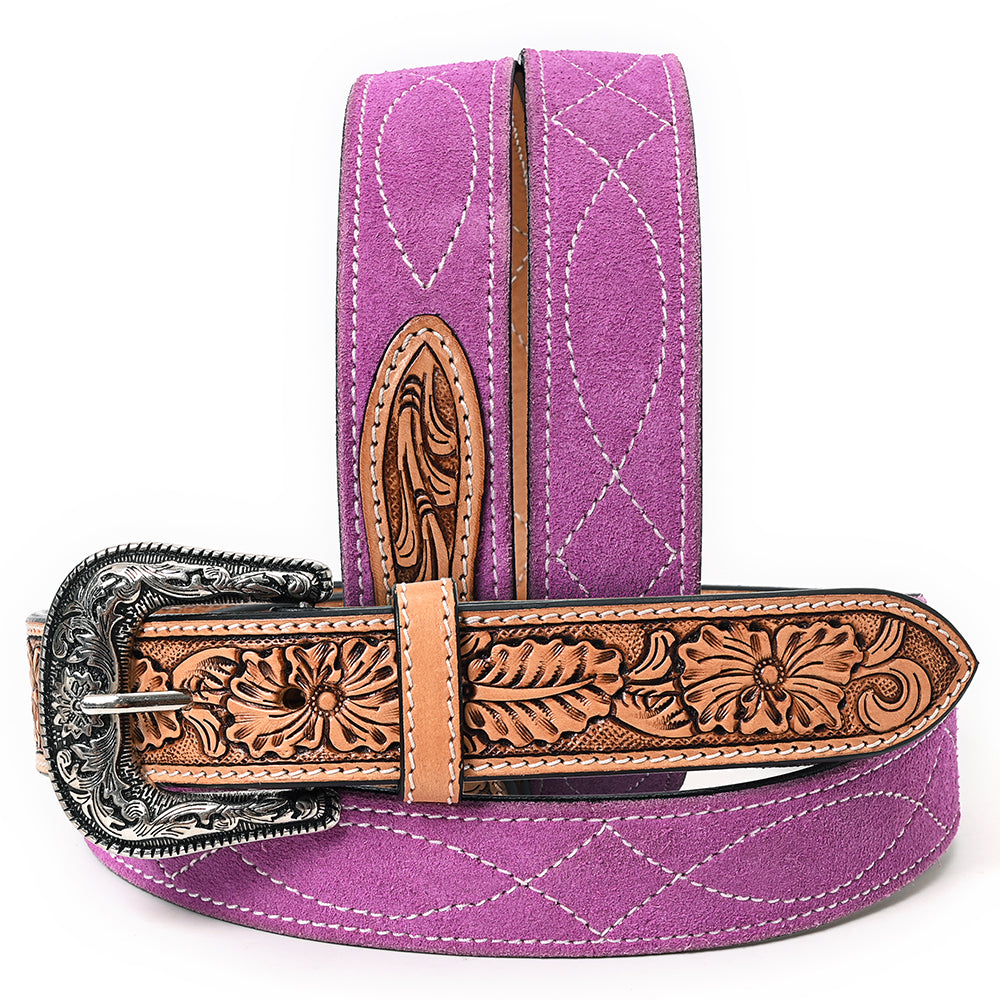 ADBLF332 Pink Genuine suede Western Belt - Tooled Floral Leather Inlay & Silver Engraved Buckle