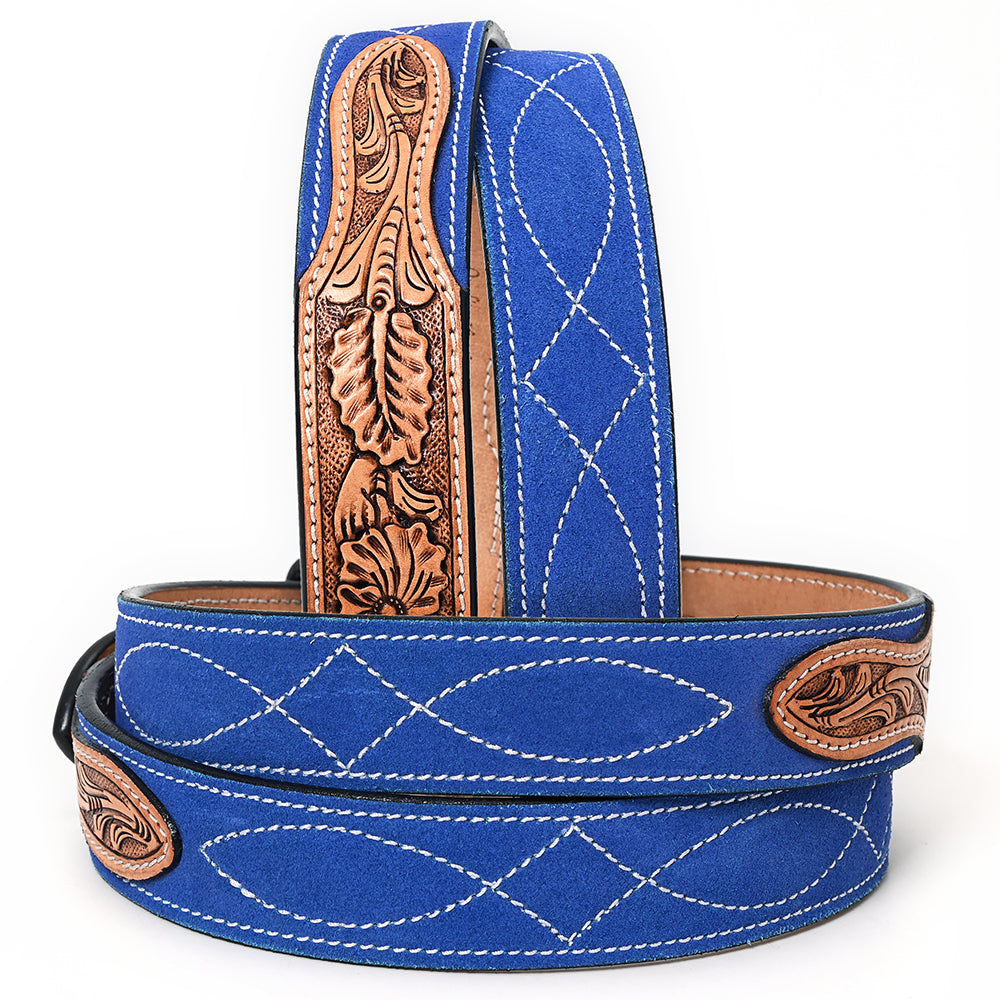 ADBLF334 Royal Blue Genuine suede Western Belt - Tooled Leather Inlay & Silver Buckle