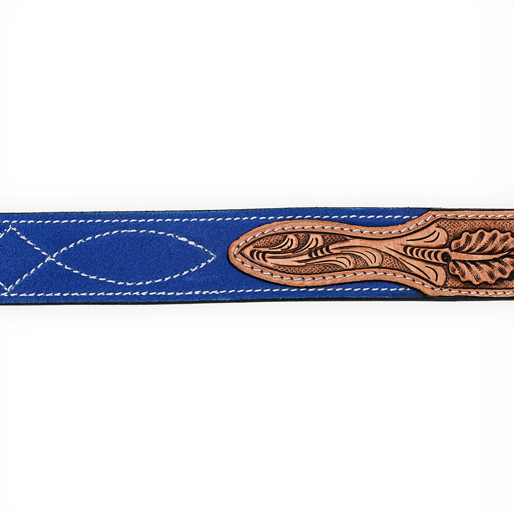 ADBLF334 Royal Blue Genuine suede Western Belt - Tooled Leather Inlay & Silver Buckle