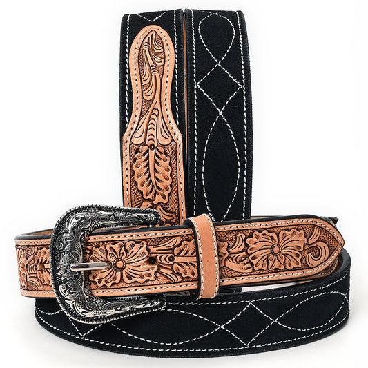 ADBLF335 Black Genuine suede Western Belt - Hand-Tooled Leather Inlay & Silver Engraved Buckle