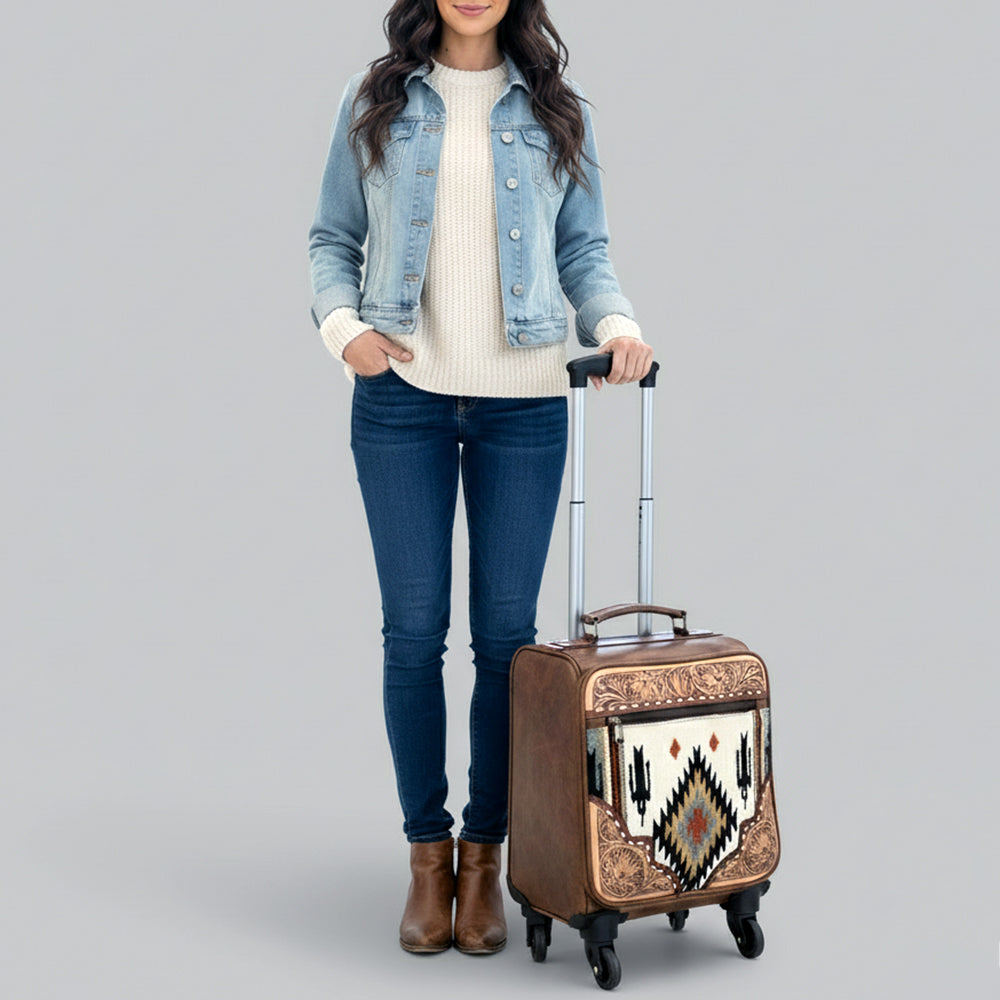 ADBG1613 Western Rolling Carry-On Luggage with Tooled Leather & Aztec Woven Front