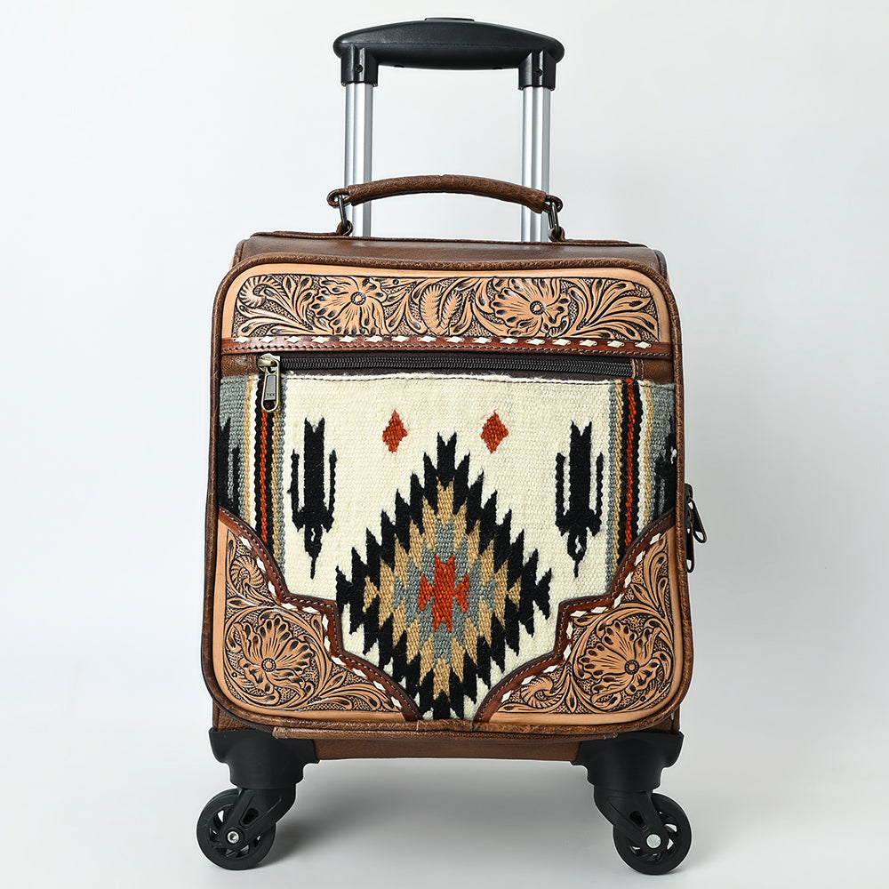 ADBG1613 Western Rolling Carry-On Luggage with Tooled Leather & Aztec Woven Front
