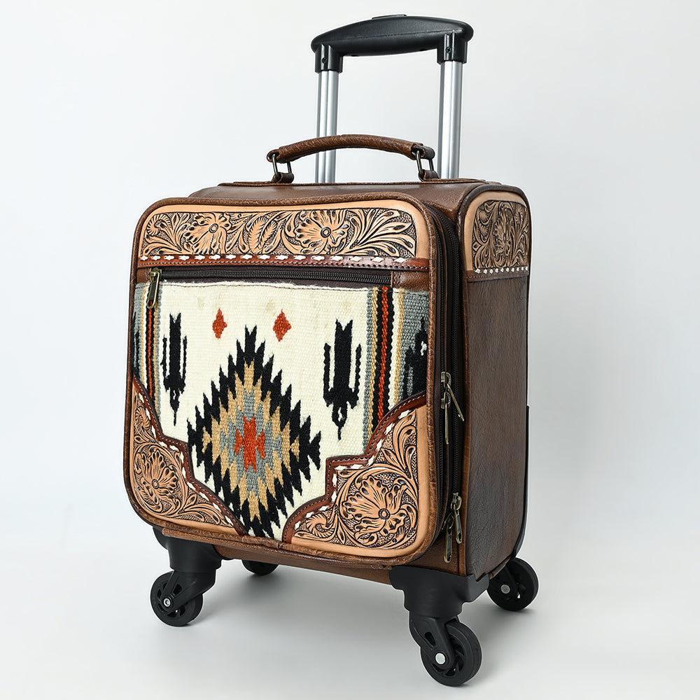 ADBG1613 Western Rolling Carry-On Luggage with Tooled Leather & Aztec Woven Front
