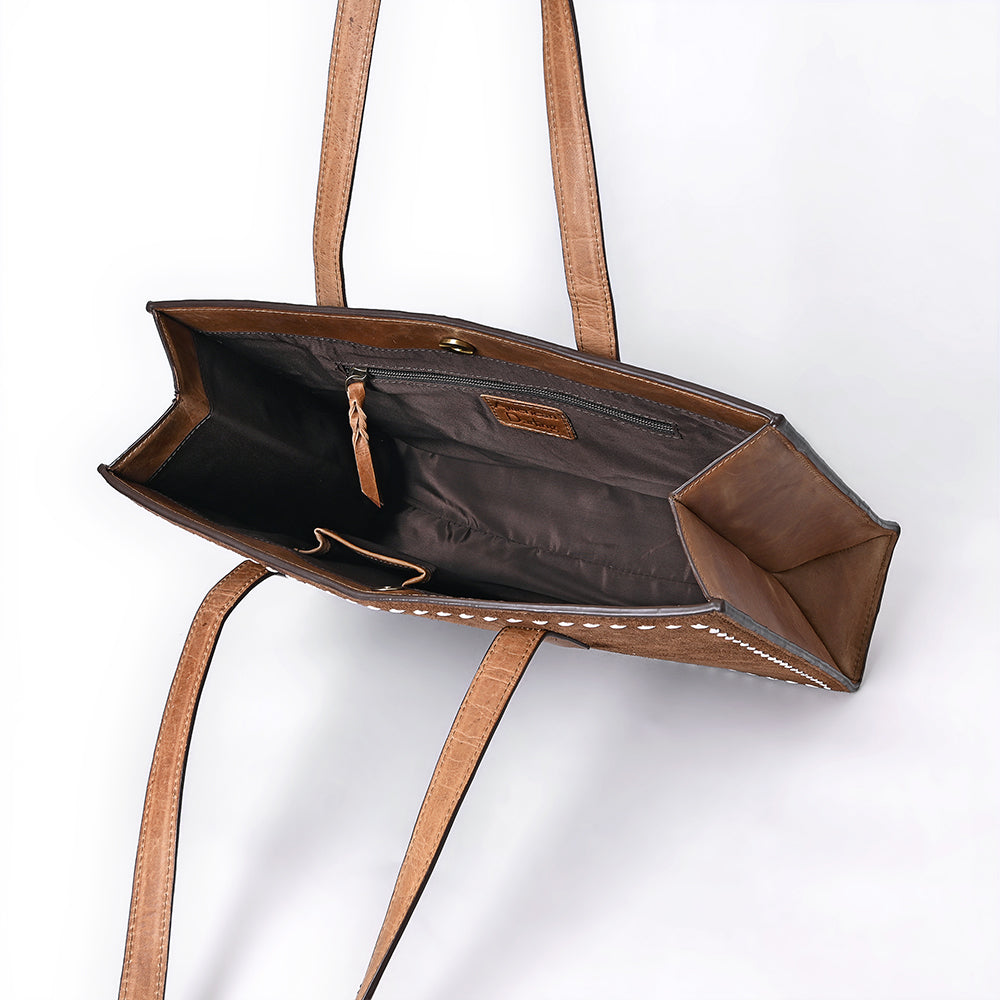 ADBGM517 Western Genuine suede Leather Tote with White Stitch Embroidery - Structured Cowgirl Handbag