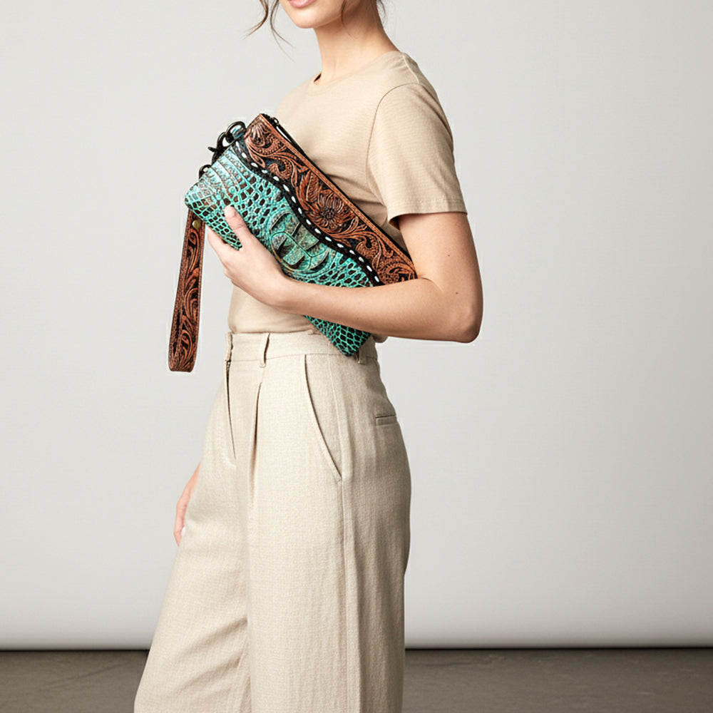 ADBG1616 Turquoise Croc-Embossed Leather Wristlet with Floral Tooled Trim