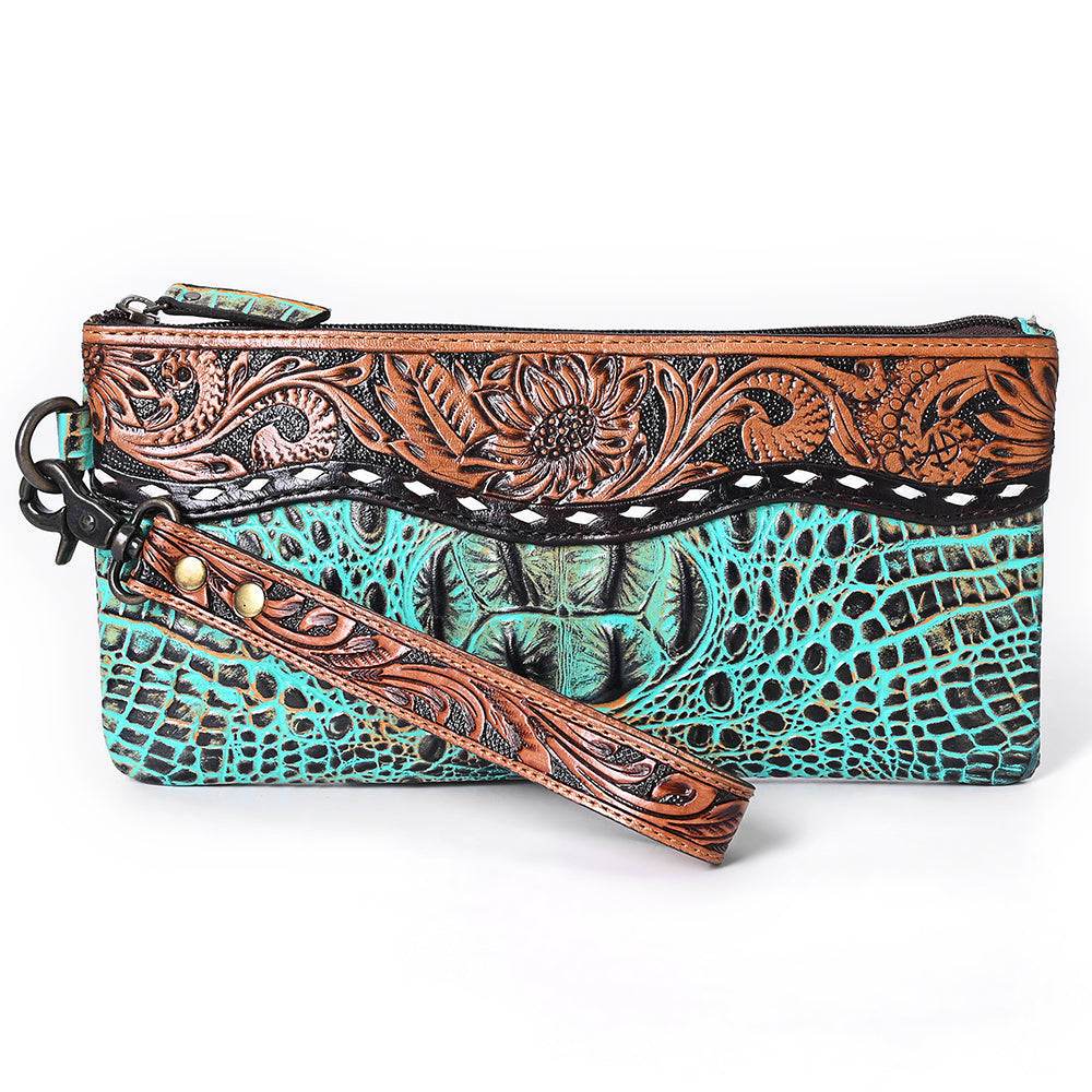 ADBG1616 Turquoise Croc-Embossed Leather Wristlet with Floral Tooled Trim