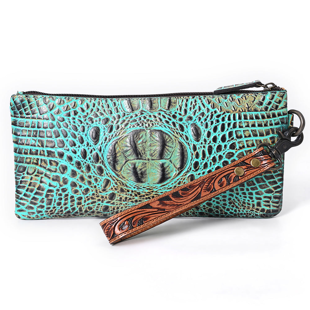 ADBG1616 Turquoise Croc-Embossed Leather Wristlet with Floral Tooled Trim