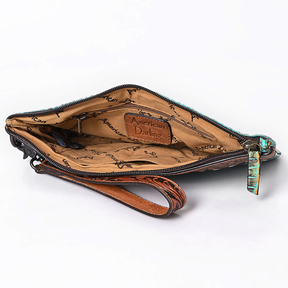 ADBG1616 Turquoise Croc-Embossed Leather Wristlet with Floral Tooled Trim