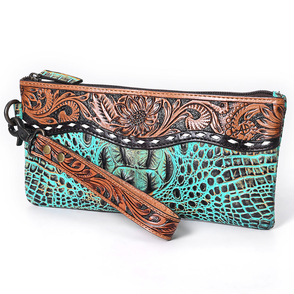 ADBG1616 Turquoise Croc-Embossed Leather Wristlet with Floral Tooled Trim
