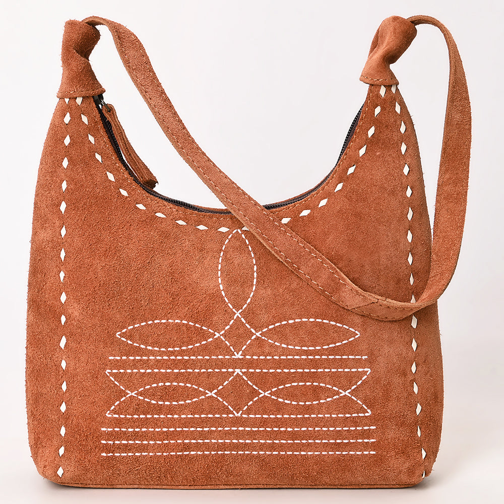 ADBG1617 Genuine suede Hobo Bag with White Southwestern Stitching & Whipstitch Trim