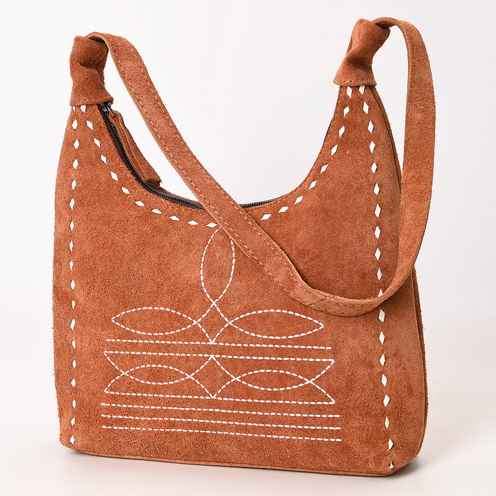 ADBG1617 Genuine suede Hobo Bag with White Southwestern Stitching & Whipstitch Trim