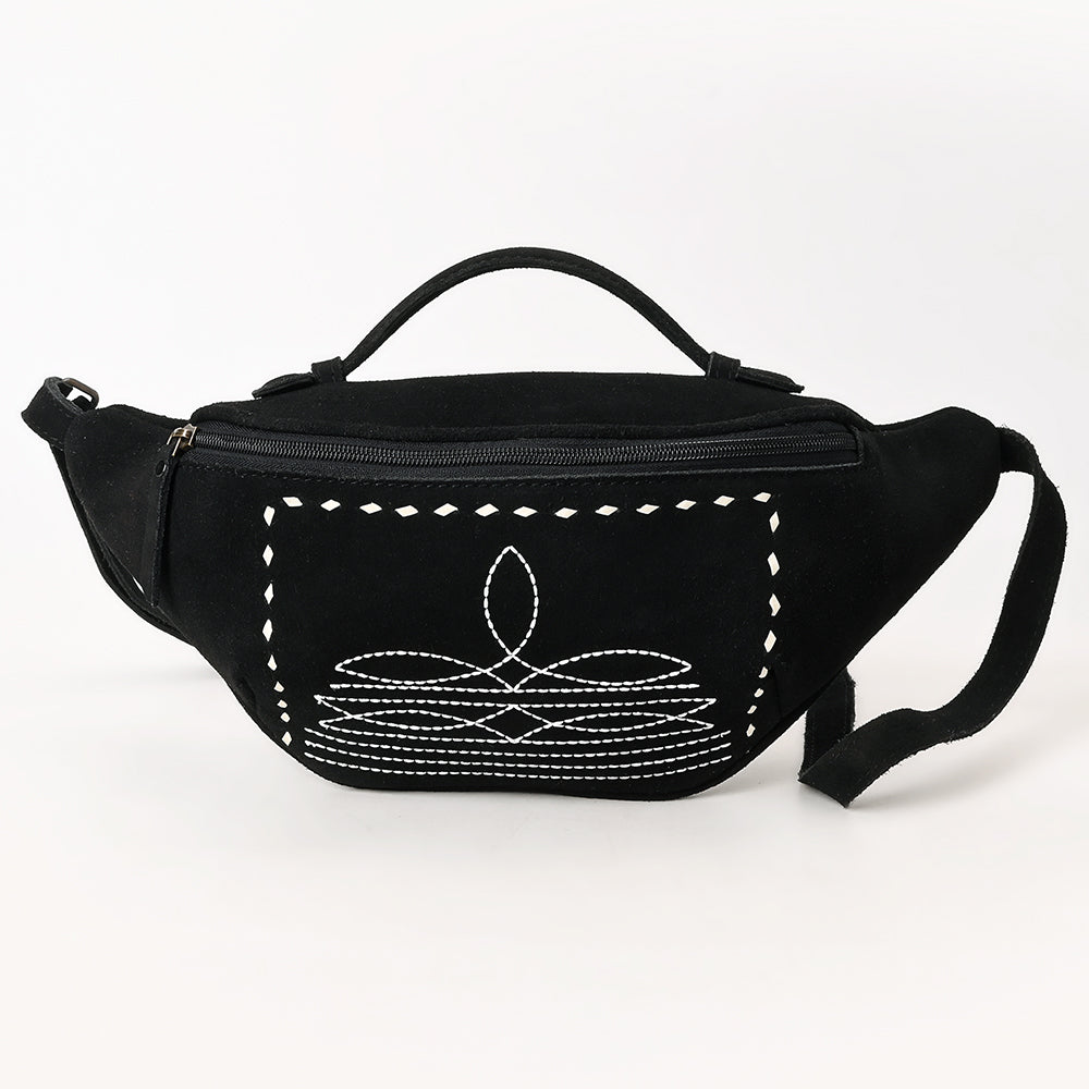 ADBG1618A Black Genuine suede Western Fanny Bag with White Southwestern Stitching