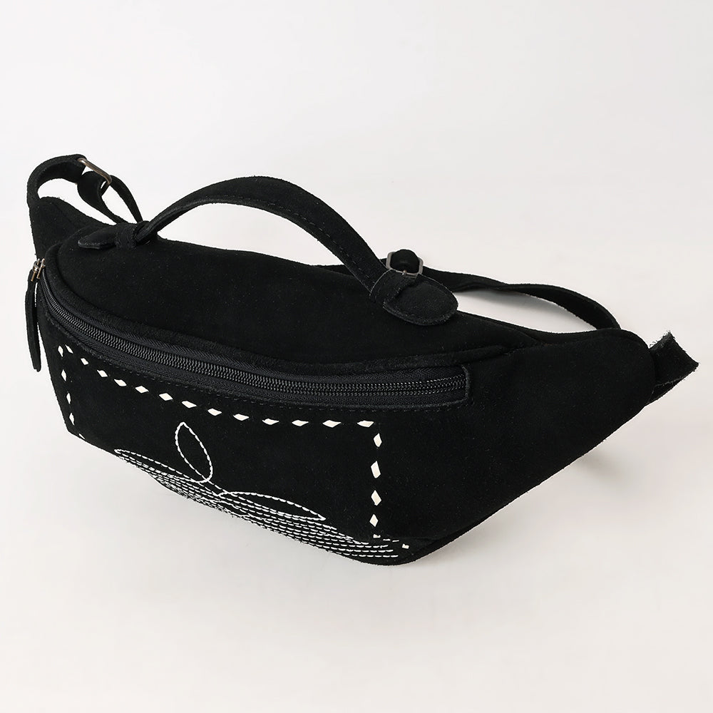 ADBG1618A Black Genuine suede Western Fanny Bag with White Southwestern Stitching