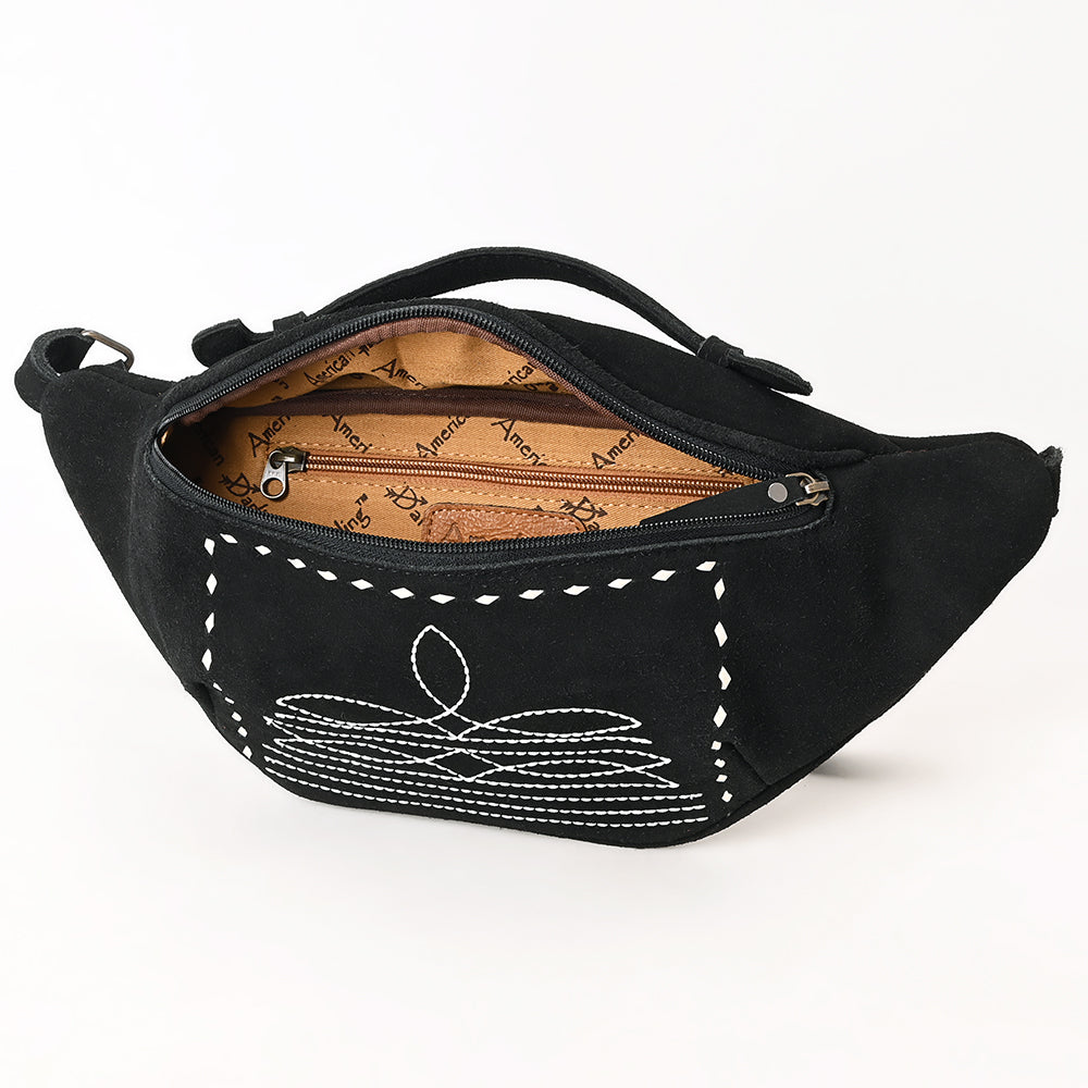 ADBG1618A Black Genuine suede Western Fanny Bag with White Southwestern Stitching