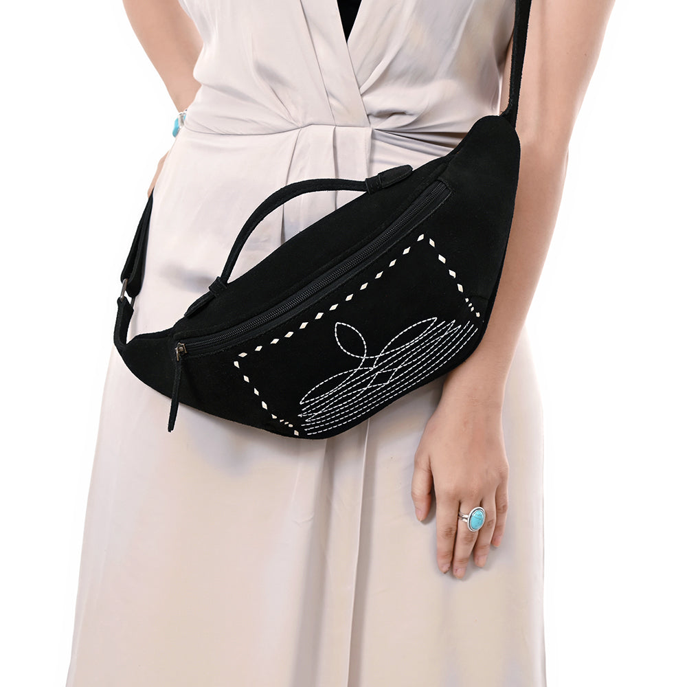 ADBG1618A Black Genuine suede Western Fanny Bag with White Southwestern Stitching