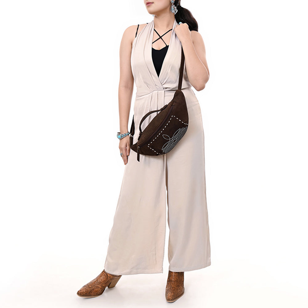 ADBG1618 Genuine suede Fanny Bag with White Southwestern Stitching & Top Handle