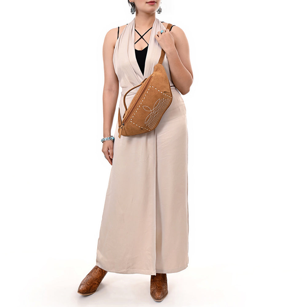 ADBG1618 Genuine suede Fanny Bag with White Southwestern Stitching & Top Handle