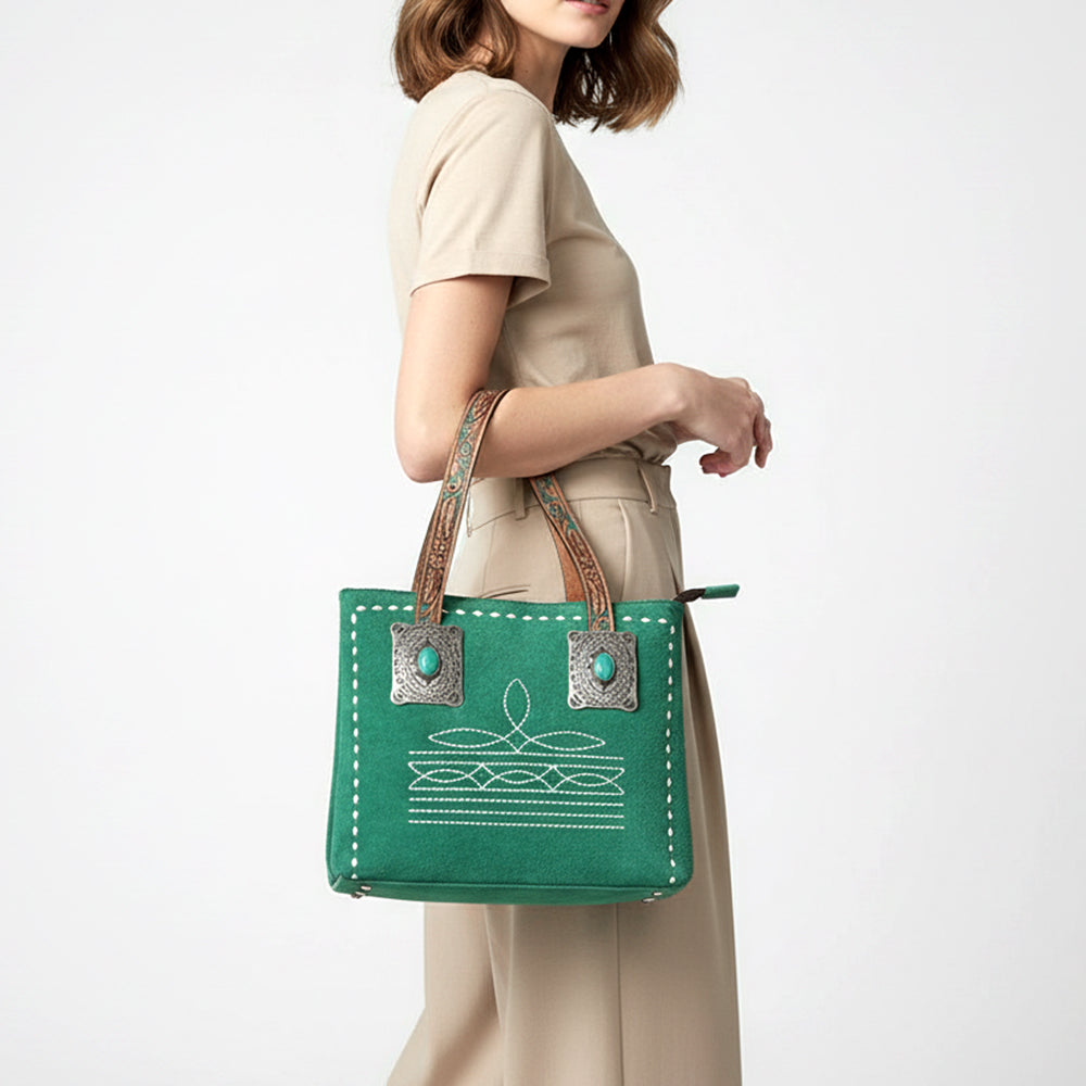 ADBG1619 Teal Genuine suede Western Tote Bag with Tooled Leather Straps & Silver Concho Accents