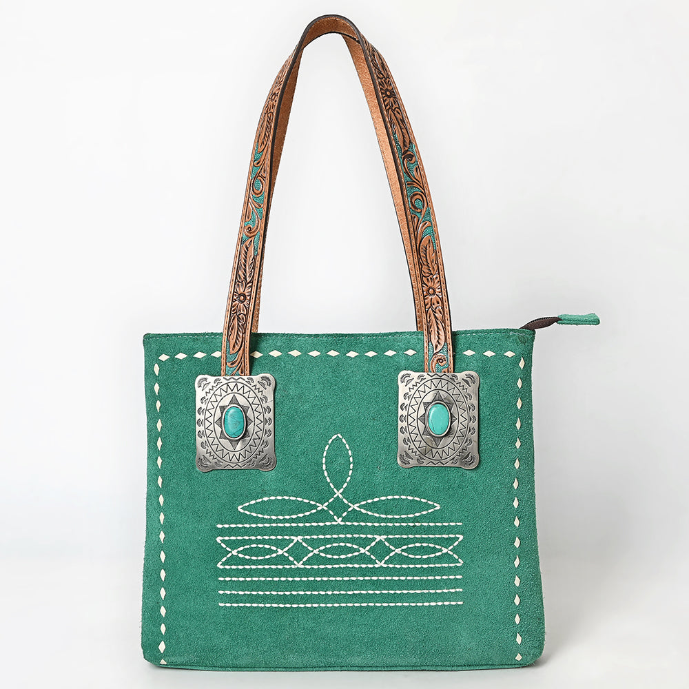ADBG1619 Teal Genuine suede Western Tote Bag with Tooled Leather Straps & Silver Concho Accents