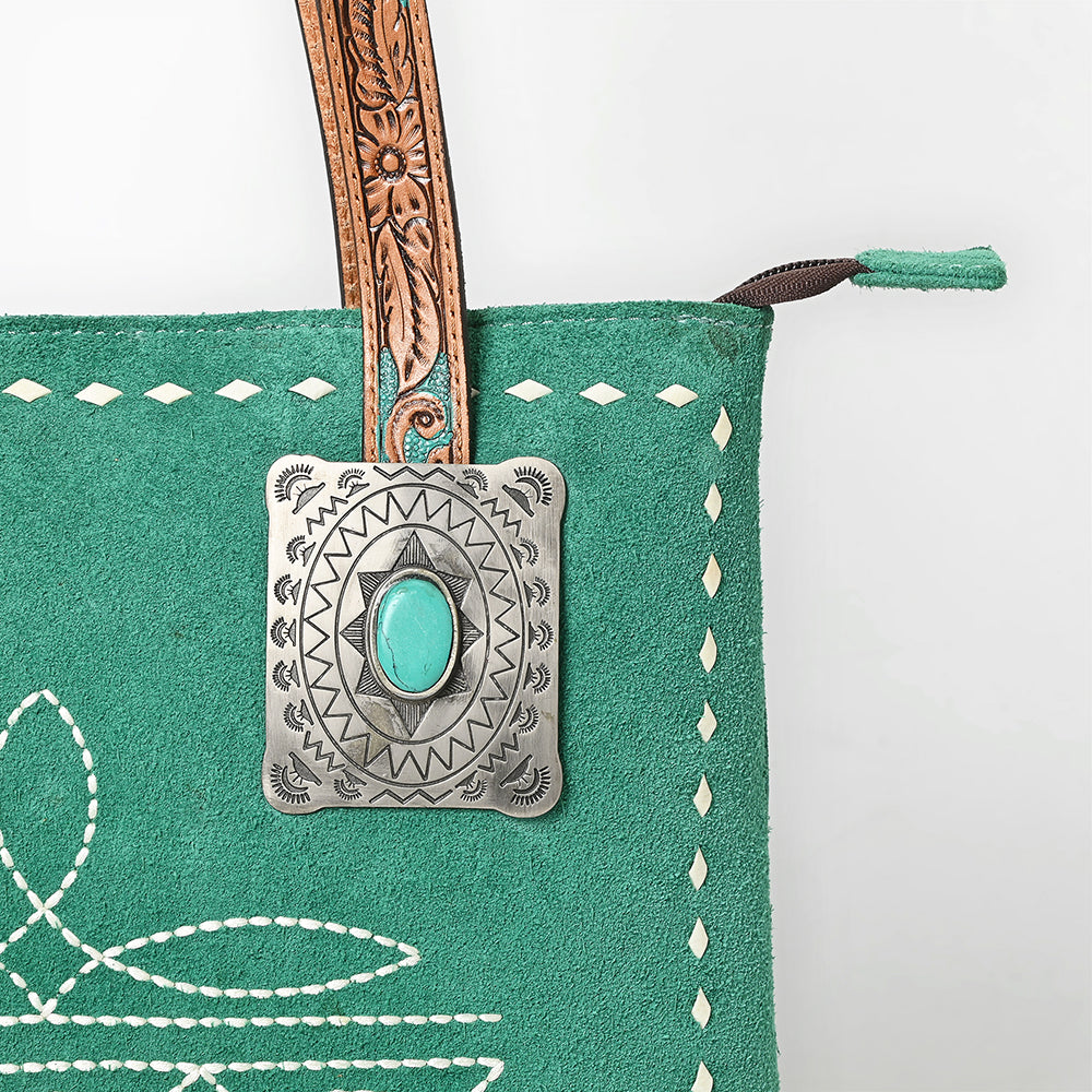 ADBG1619 Teal Genuine suede Western Tote Bag with Tooled Leather Straps & Silver Concho Accents