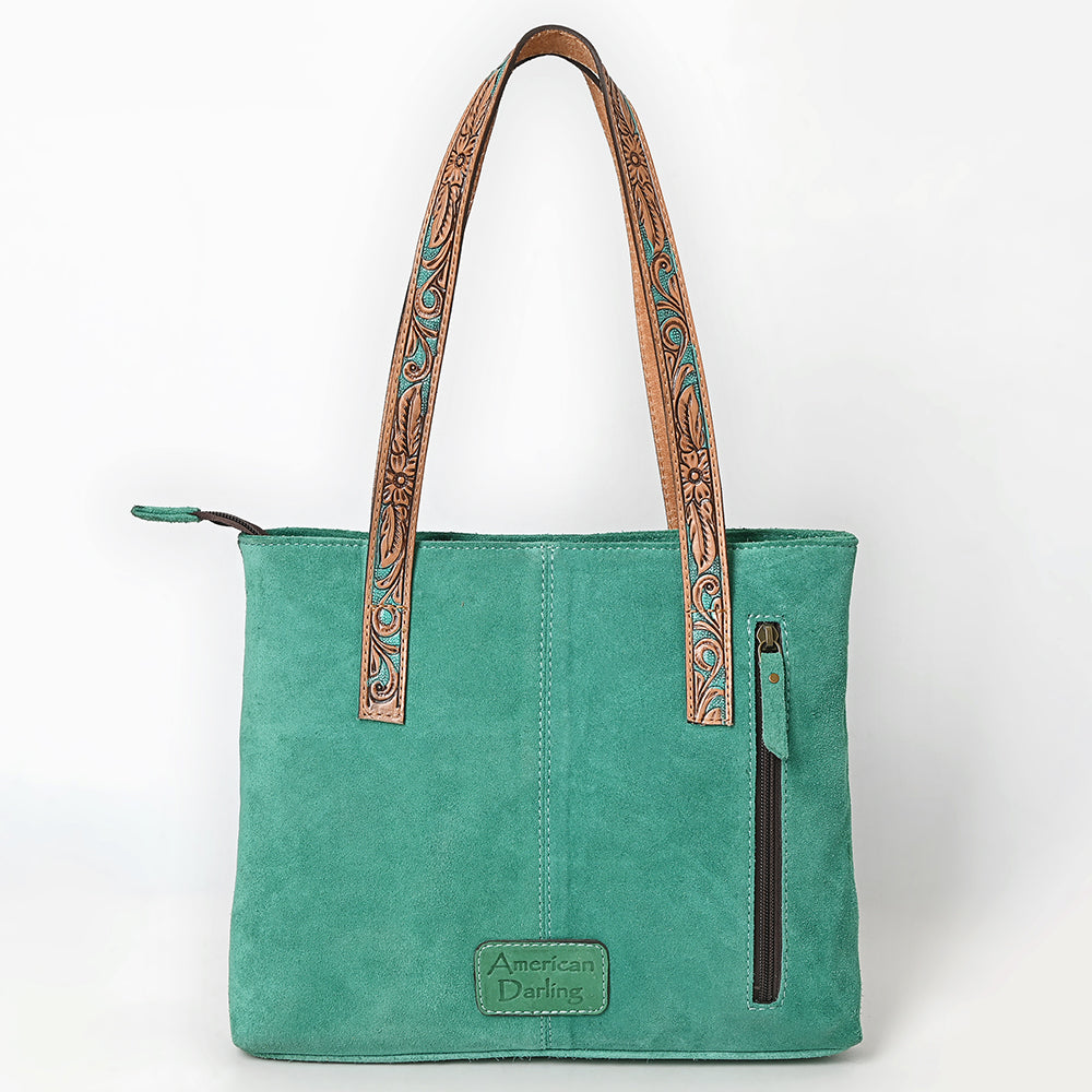 ADBG1619 Teal Genuine suede Western Tote Bag with Tooled Leather Straps & Silver Concho Accents