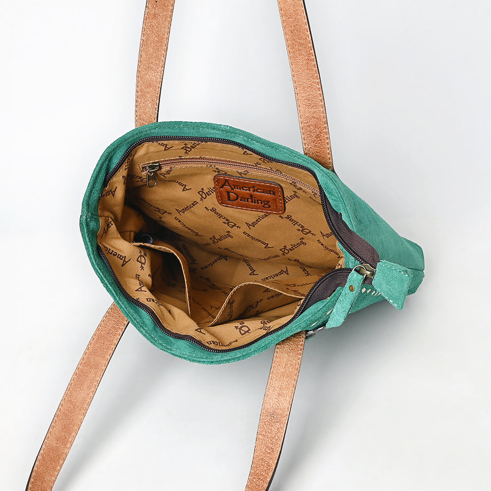 ADBG1619 Teal Genuine suede Western Tote Bag with Tooled Leather Straps & Silver Concho Accents