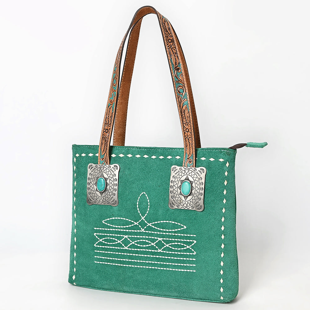 ADBG1619 Teal Genuine suede Western Tote Bag with Tooled Leather Straps & Silver Concho Accents