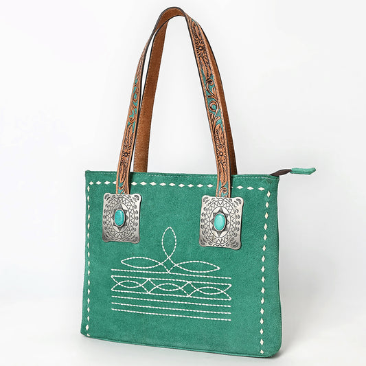 ADBG1619 Teal Genuine suede Western Tote Bag with Tooled Leather Straps & Silver Concho Accents