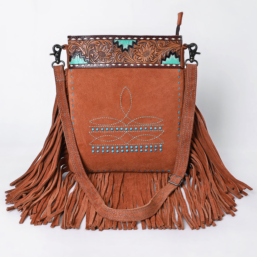 ADBG1620 Turquoise Accented Tooled Genuine suede Leather Crossbody Bag - Western Fringe Purse by American Darling