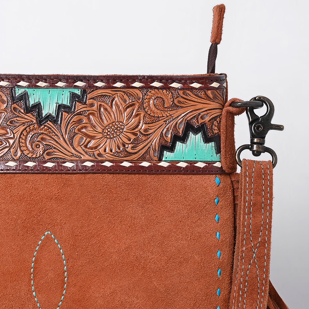 ADBG1620 Turquoise Accented Tooled Genuine suede Leather Crossbody Bag - Western Fringe Purse by American Darling