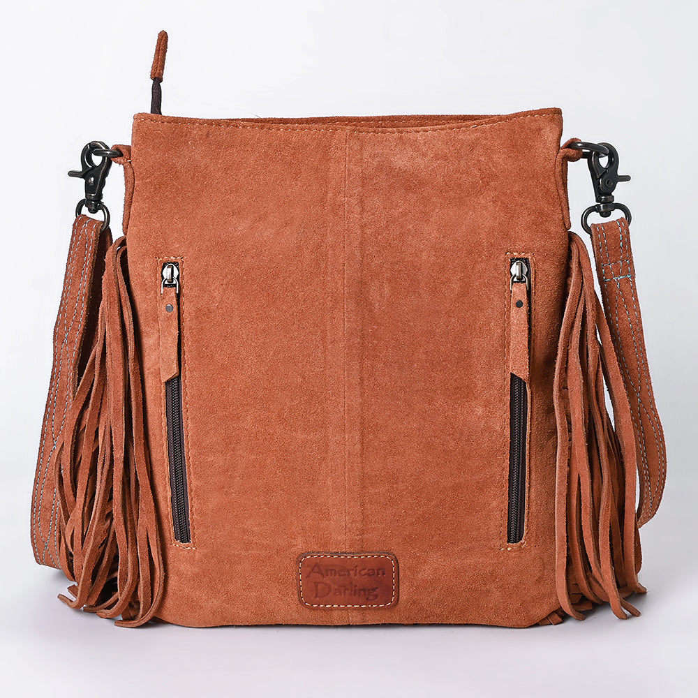 ADBG1620 Turquoise Accented Tooled Genuine suede Leather Crossbody Bag - Western Fringe Purse by American Darling