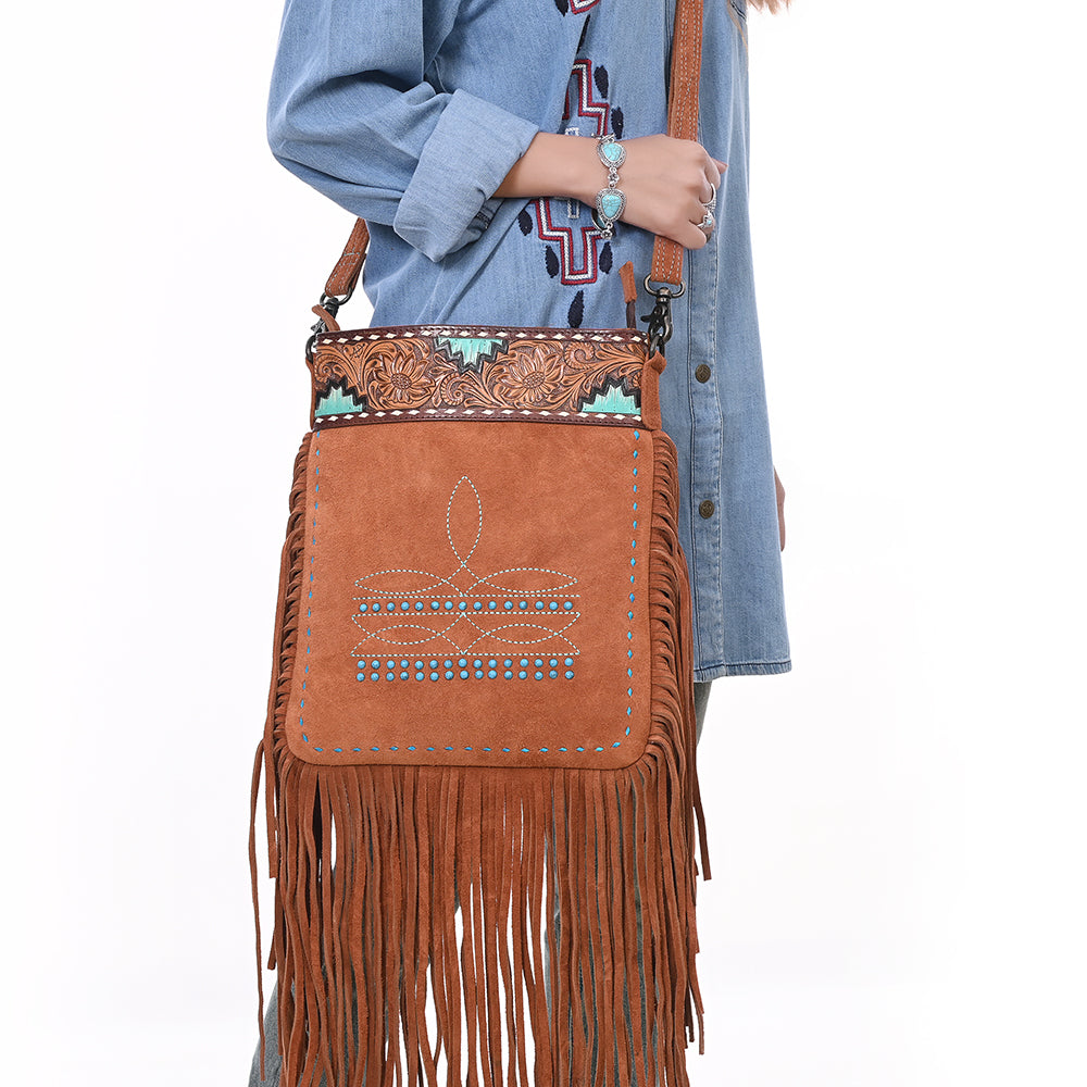 ADBG1620 Turquoise Accented Tooled Genuine suede Leather Crossbody Bag - Western Fringe Purse by American Darling