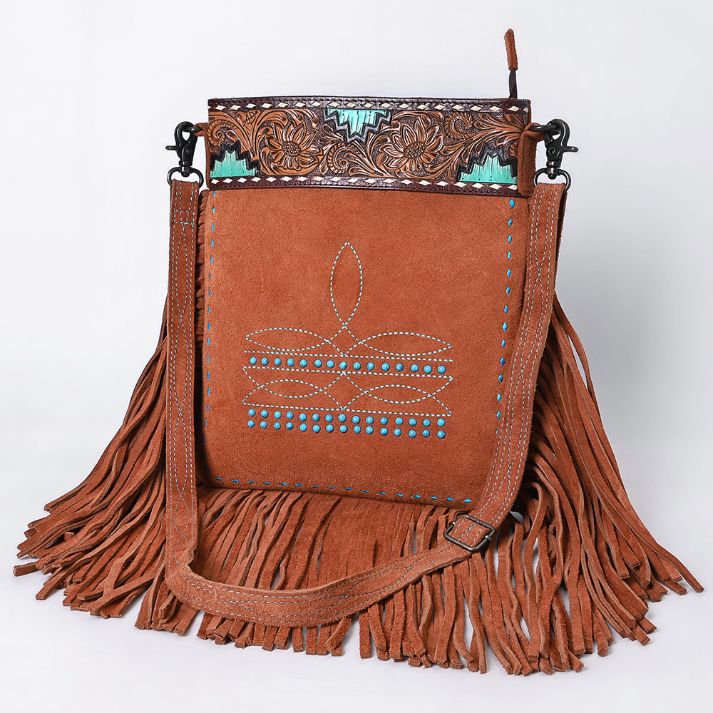 ADBG1620 Turquoise Accented Tooled Genuine suede Leather Crossbody Bag - Western Fringe Purse by American Darling