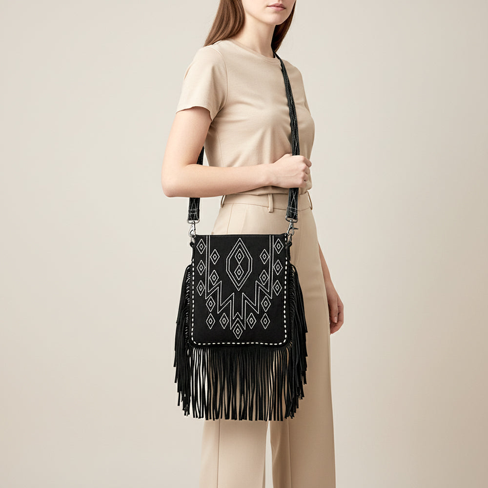ADBG1621 Black Genuine suede Fringe Crossbody Bag with White Tribal Stitching