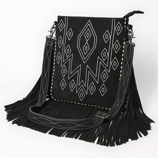 ADBG1621 Black Genuine suede Fringe Crossbody Bag with White Tribal Stitching