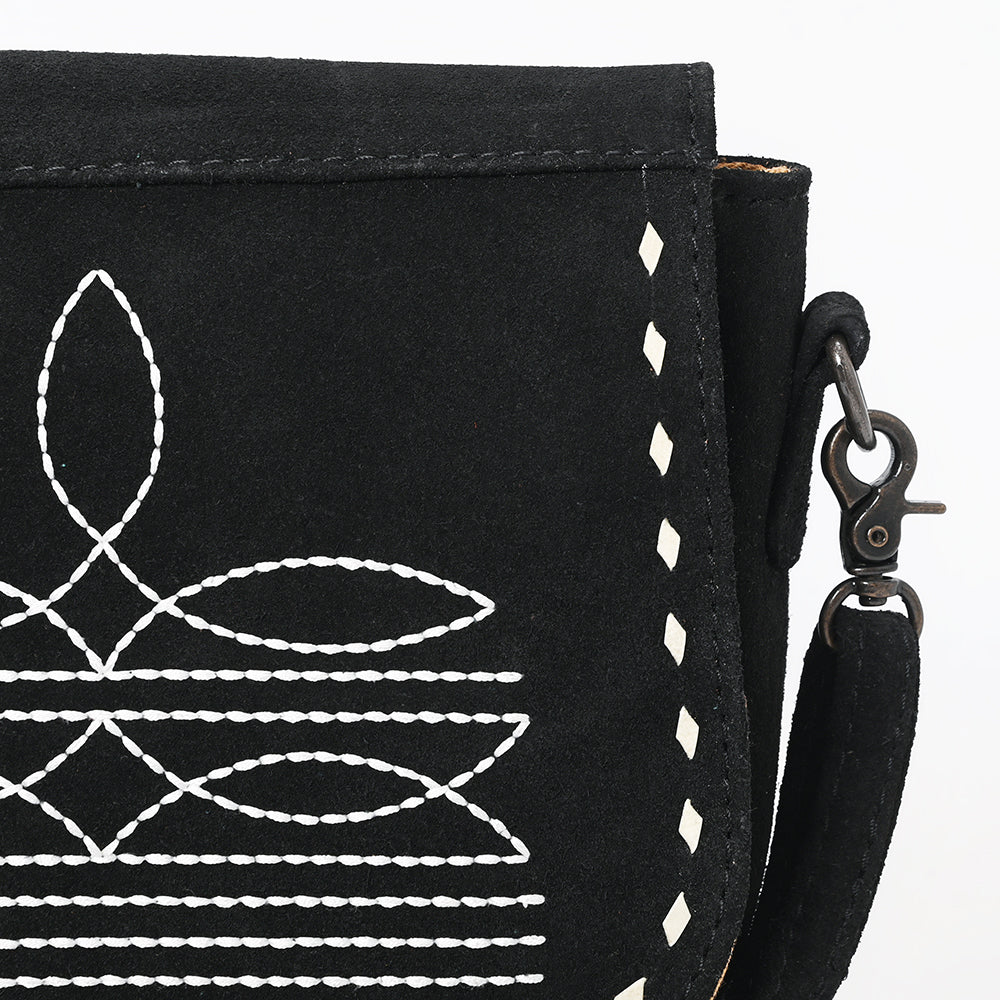 ADBG1622A Black Genuine suede Flap Crossbody Bag with White Southwestern Stitching