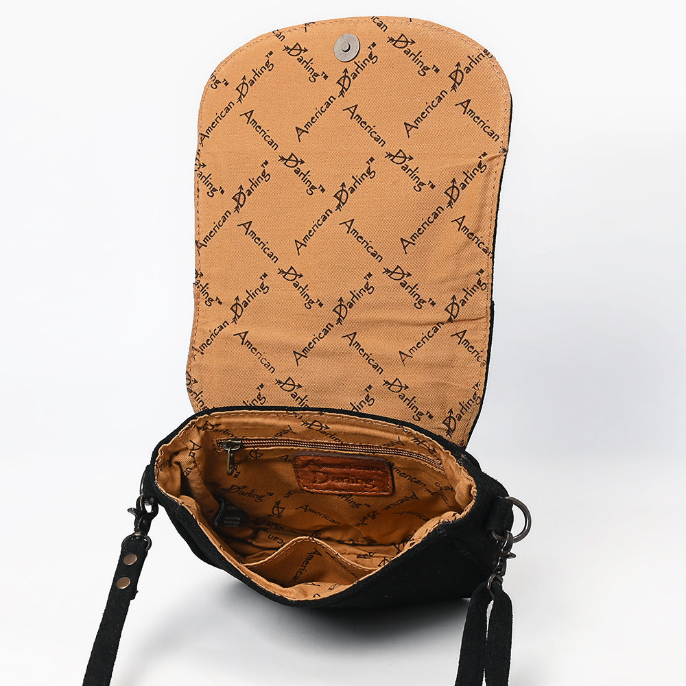 ADBG1622A Black Genuine suede Flap Crossbody Bag with White Southwestern Stitching