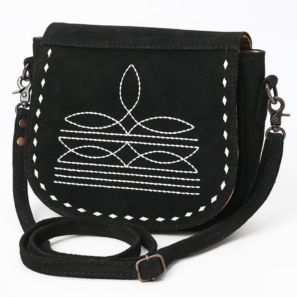 ADBG1622A Black Genuine suede Flap Crossbody Bag with White Southwestern Stitching